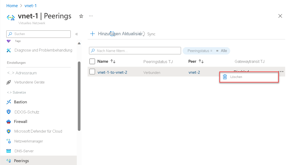 Screenshot des Löschens eines Peerings des virtuellen Netzwerks