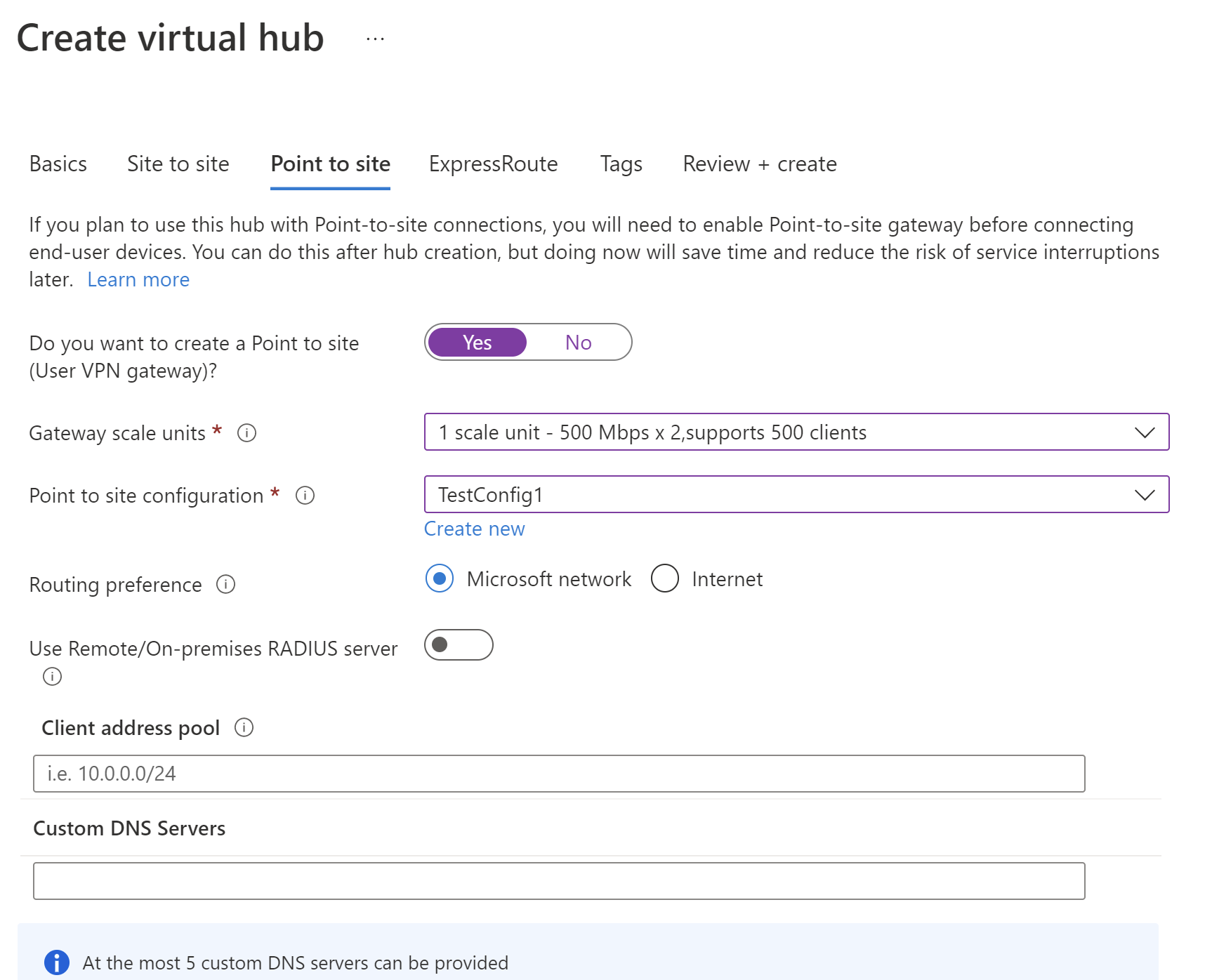 Screenshot der Skalierungseinheiten des Gateways für Point-to-Site-VPN