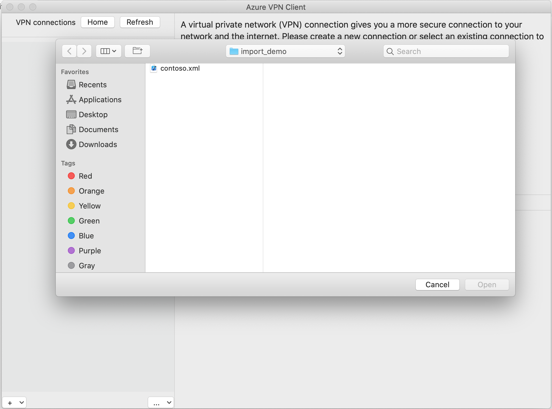 Screenshot: Auswählen von „Öffnen“ für die Importoption von Azure VPN Client