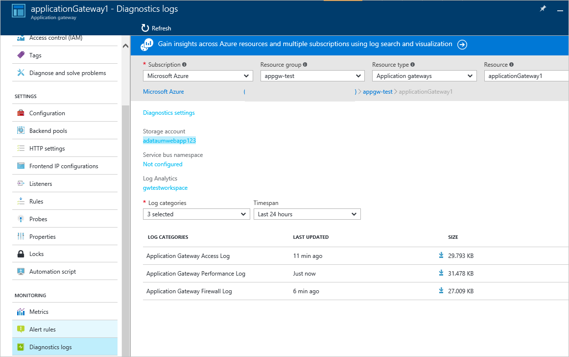 Diagnoseprotokollefenster für Application Gateway