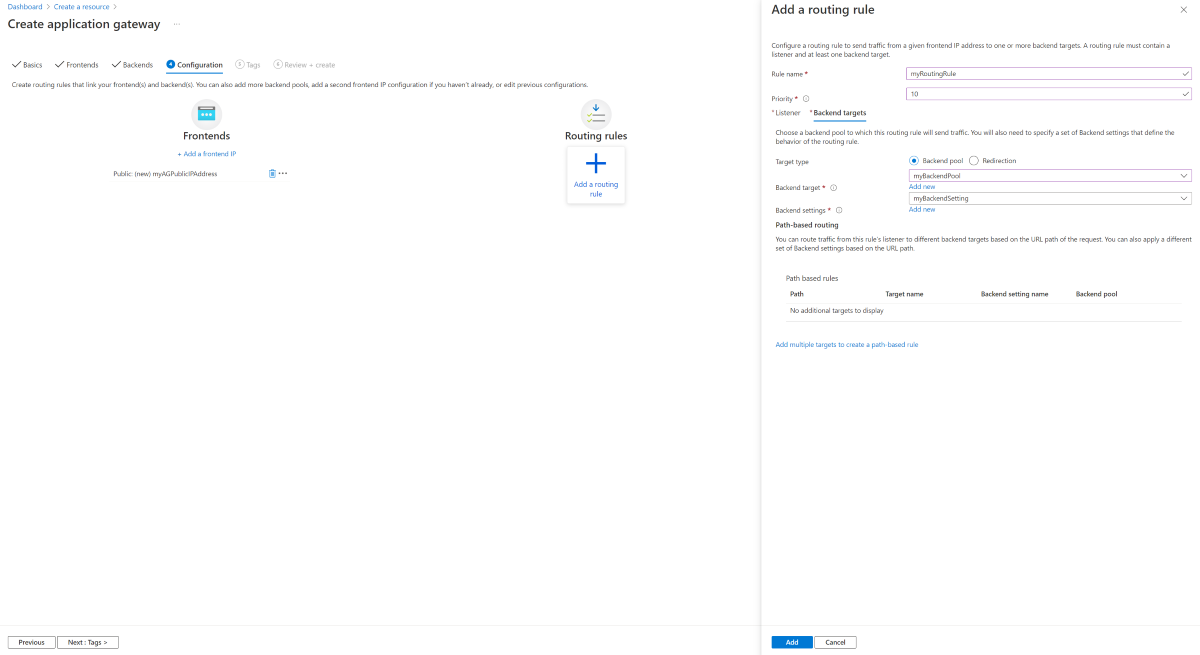 Screenshot: „Routingregel“ auf der Seite „Neues Anwendungsgateway erstellen“.