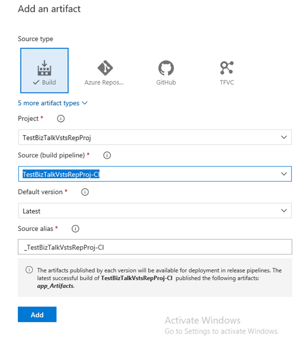 Fügen Sie der Pipeline ein Artefakt hinzu, und wählen Sie Ihr Projekt und die Builddefinition für Azure DevOps im Visual Studio-BizTalk Server-Projekt aus.