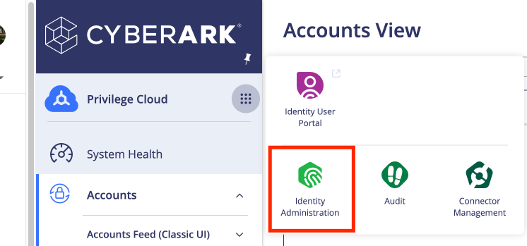 Screenshot: Abschnitt des CyberArk-Identitätsportals mit hervorgehobener Option 