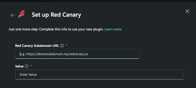 Screenshot: Eingabe der Red Canary-URL und des API-Schlüssels