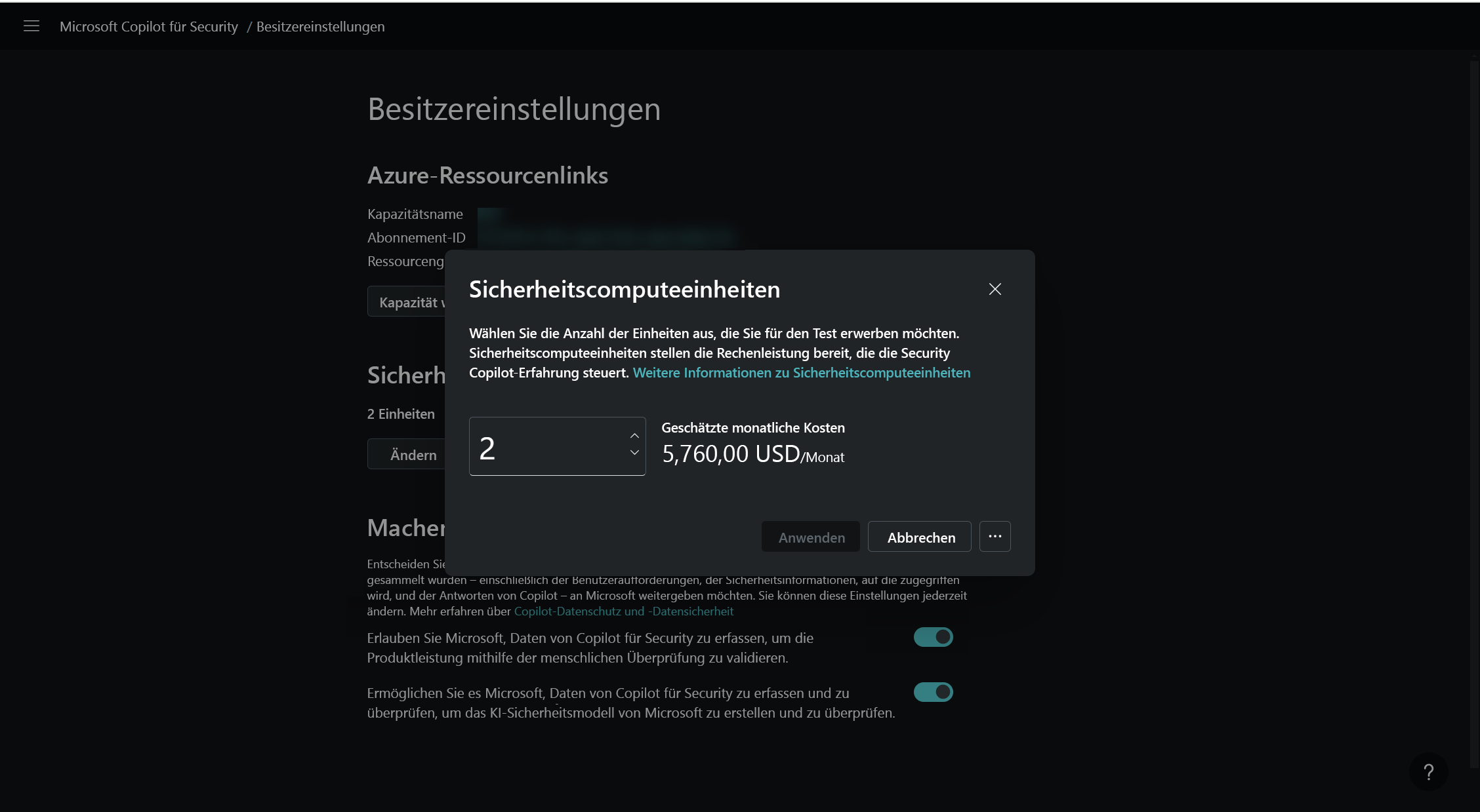 Screenshot: Berechnete Sicherheitscomputeeinheiten des Besitzers