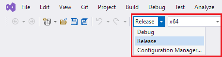 Screenshot der Dropdownliste „Projektmappenkonfiguration“ mit der Einstellung „Release“ und der Dropdownliste „Projektmappenplattform“ mit der Einstellung „x64“.