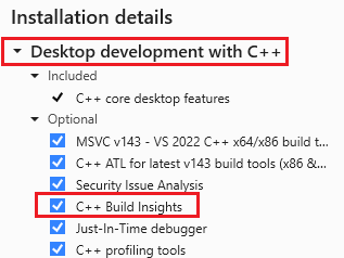 Screenshot des Visual Studio-Installers mit ausgewählter C++-Workload für die Desktopentwicklung.