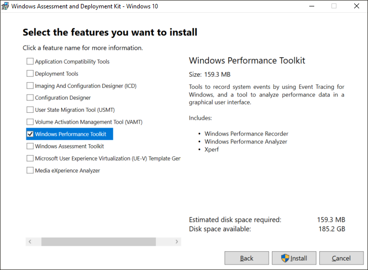 Bildschirm zur Featureauswahl im Windows Performance Analyzer-Installer.