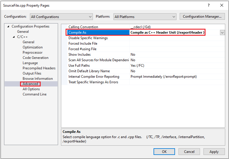 Screenshot, der das Ändern der Konfigurationseigenschaften > C/C++ > Advanced > Compile As to Compile as C++ Header Unit (/exportHeader) zeigt.