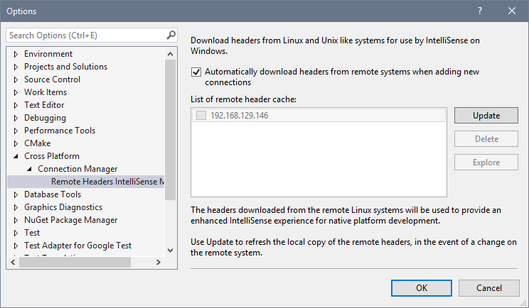 Screenshot des Dialogfelds „Optionen“, in dem „Plattformübergreifend >Verbindungs-Manager > IntelliSense-Manager für Remoteheader“ ausgewählt ist.