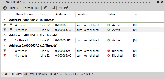 GPU-Threads-Fenster mit nach Adresse gruppierten Threads.