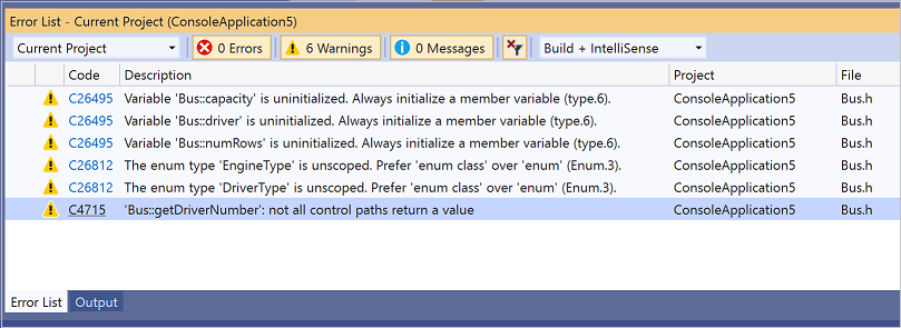 Screenshot der Codeanalysewarnungen in der Fehlerliste.