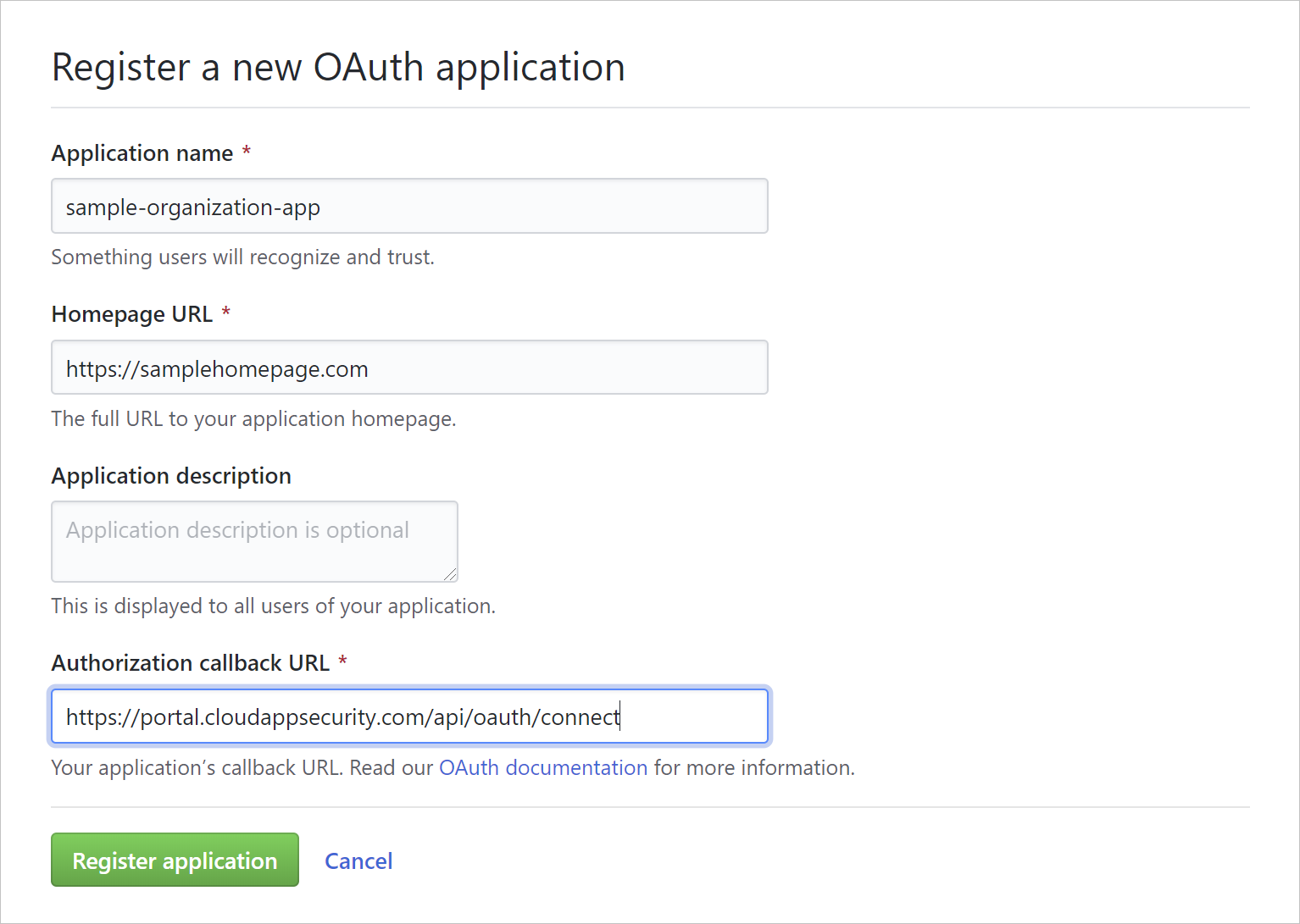 Screenshot: Registrieren einer oauth-App