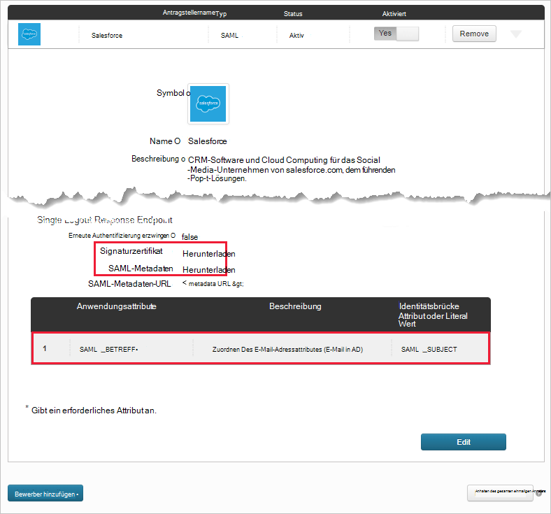 Beachten Sie die Attribute der vorhandenen Salesforce-App.