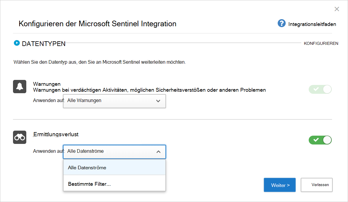 Screenshot der Startseite von Configure Microsoft Sentinel integration