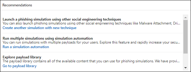 Die Empfehlungen Karte auf der Registerkarte Übersicht in Angriffssimulationstraining im Microsoft Defender-Portal.