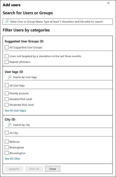 Die Benutzerfilterung auf der Seite Zielbenutzer in Angriffssimulationstraining im Microsoft Defender-Portal