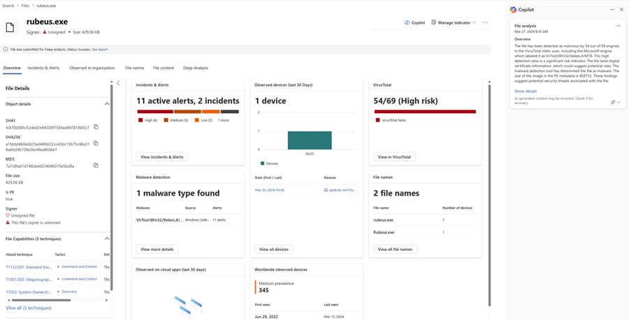 Screenshot der Ergebnisse der Dateianalyse in Copilot in Defender mit hervorgehobener Option „Details anzeigen“.