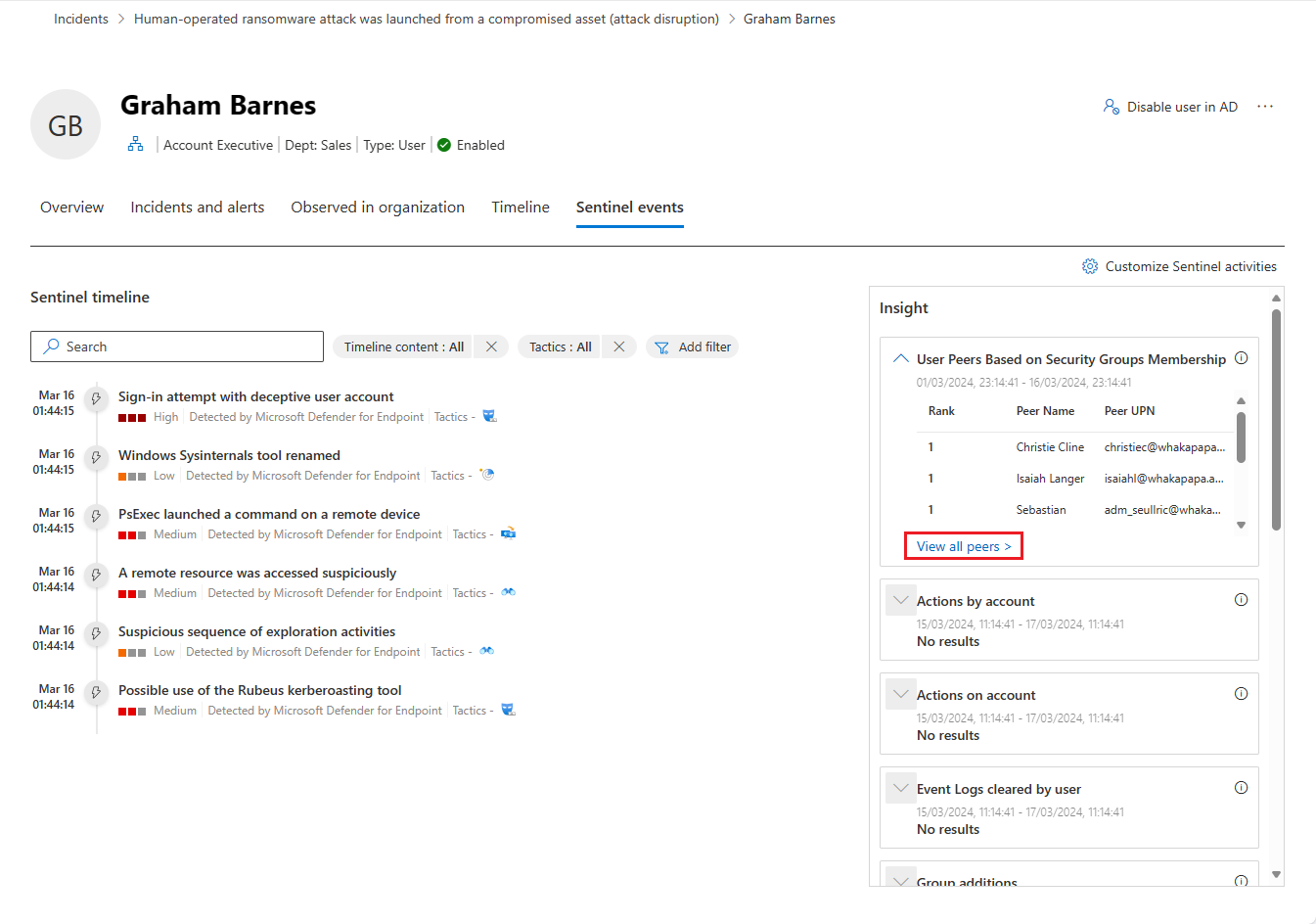 Screenshot der Registerkarte Sentinel Ereignisse auf der Benutzerentitätsseite.