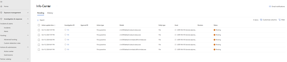 Screenshot des Info-Centers im Microsoft Defender-Portal.