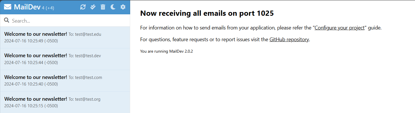 MailDev Posteingang mit mehreren E-Mails.