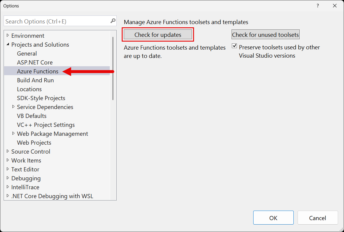 Visual Studio: Optionen / Projekte und Lösungen / Azure Funktionen.