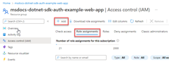 Screenshot, der zeigt, wie Sie zur Registerkarte Rollenzuweisungen und zum Speicherort der Schaltfläche navigieren, die zum Hinzufügen von Rollenzuweisungen zu einer Ressourcengruppe verwendet wird.