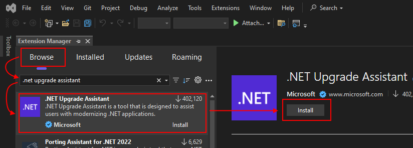 Das Fenster „Erweiterungen verwalten“ in Visual Studio mit dem .NET-Upgrade-Assistenten.