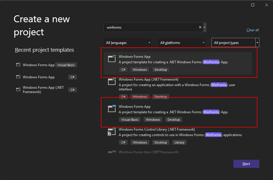 Suche nach der Windows Forms-Vorlage in Visual Studio 2022 für .NET