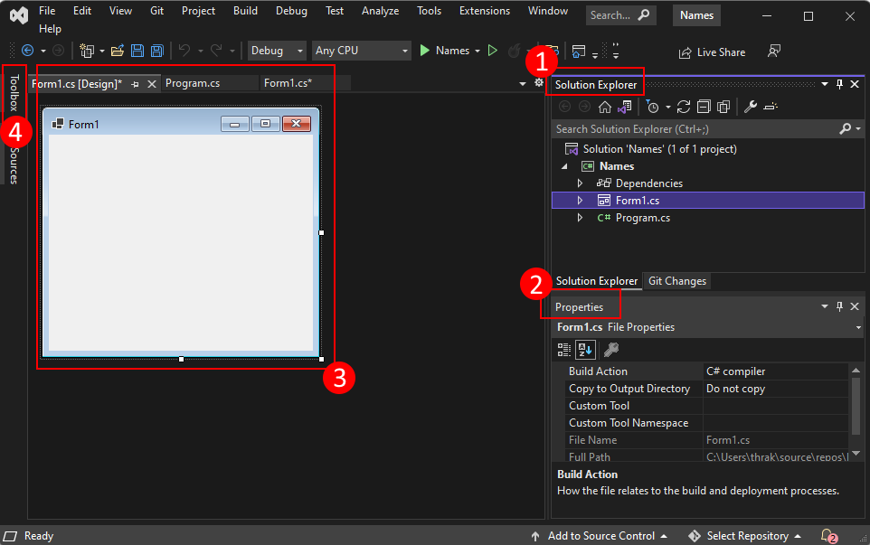 Die wichtigen Visual Studio 2022-Komponenten, die Sie beim Erstellen eines Windows Forms-Projekts für .NET kennen sollten.