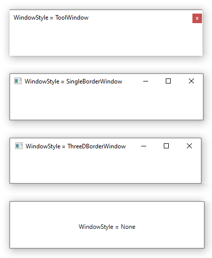 Screenshot:  Auswirkung von WindowStyle auf ein Fenster in WPF.