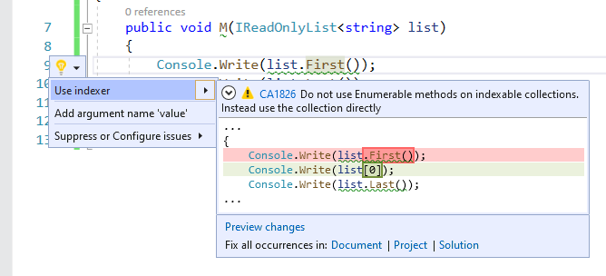 Codefix für CA1826 - Indexer verwenden