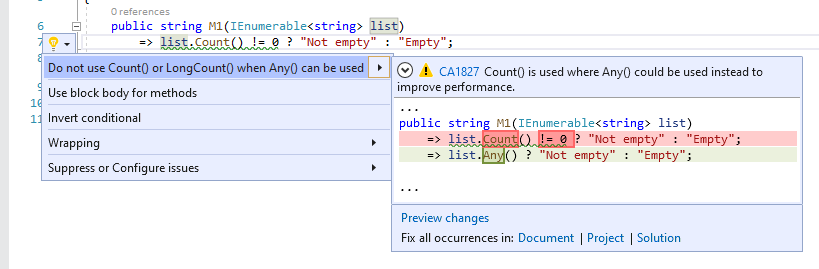 Codefix für CA1827 - Count() oder LongCount() nicht verwenden, wenn Any() verwendet werden kann