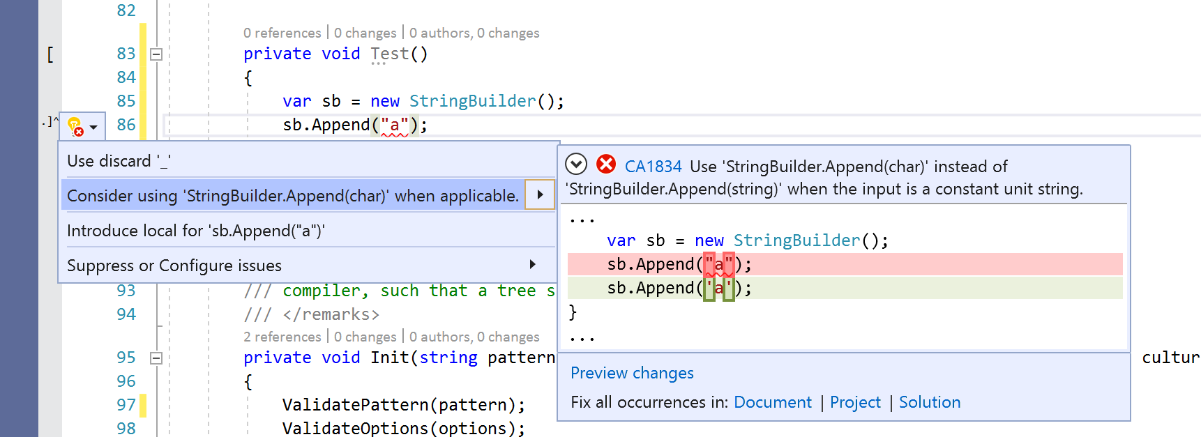 Codefix für CA1834 - Verwenden von StringBuilder.Append(char) für Zeichenfolgen mit einem einzelnen Zeichen