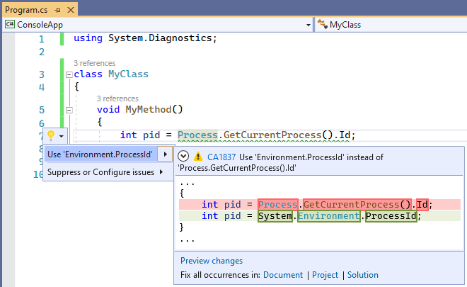 Codefix für CA1837 - Verwenden Sie „Environment.ProcessId“ anstelle von „Process.GetCurrentProcess().Id“