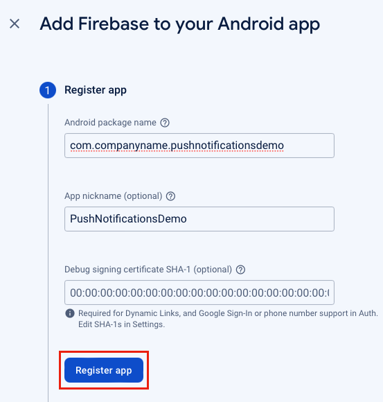 Screenshot der Registrierung Ihrer Android-App bei Firebase