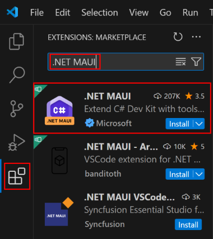 Screenshot des Visual Studio Code-Erweiterungspanels mit der .NET MAUI-Erweiterung.