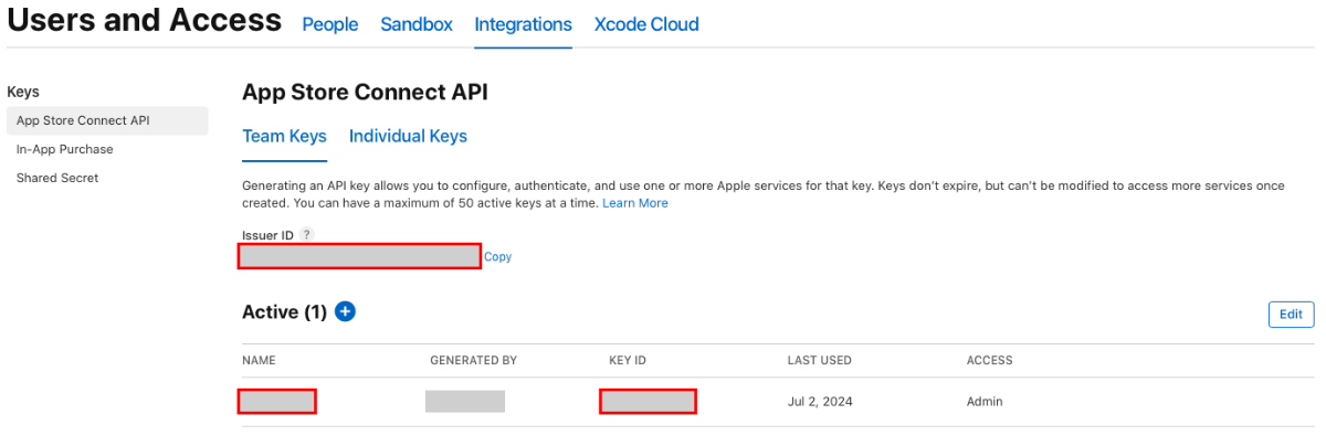 Screenshot of Apple App Store Connect API details.