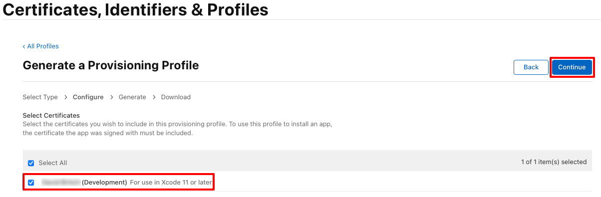 Wählen Sie Ihr Entwicklungszertifikat.