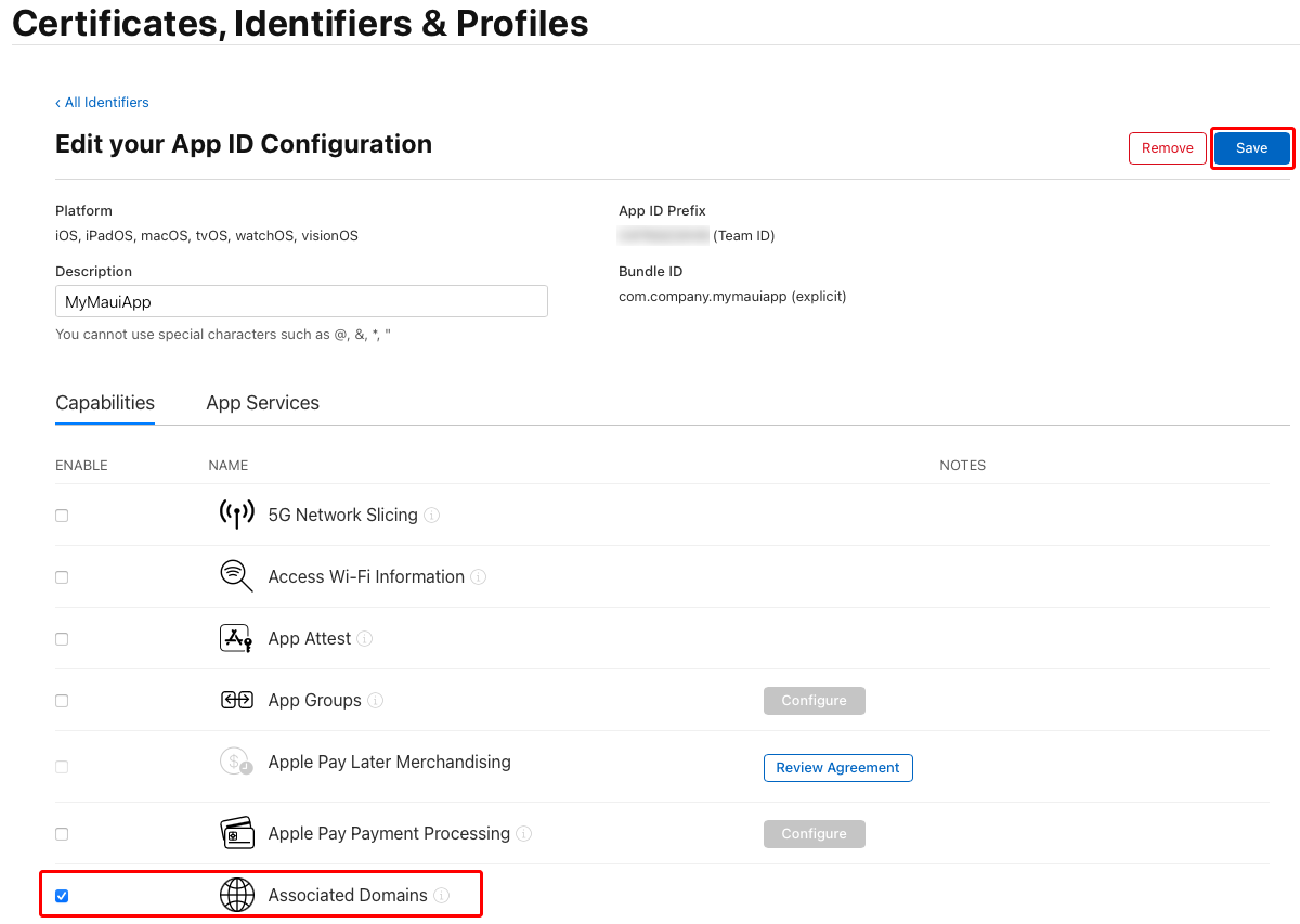 Screenshot of enabling the associated domains capability in the Apple Developer Portal.