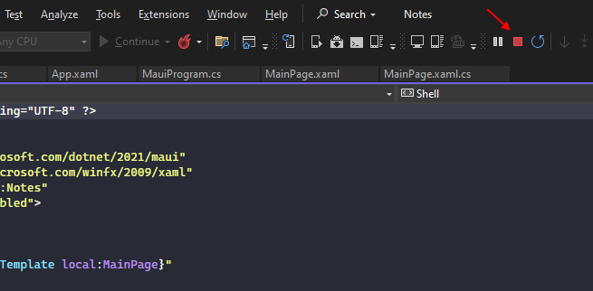 Die Schaltfläche Debugging anhalten von Visual Studio.