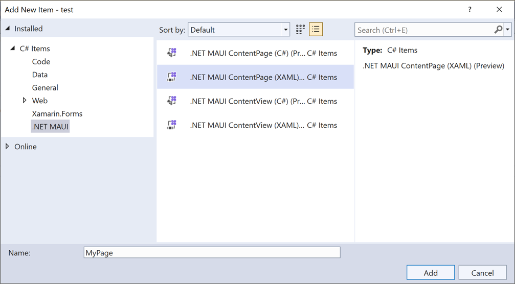 .NET MAUI ContentPage-Elementvorlage