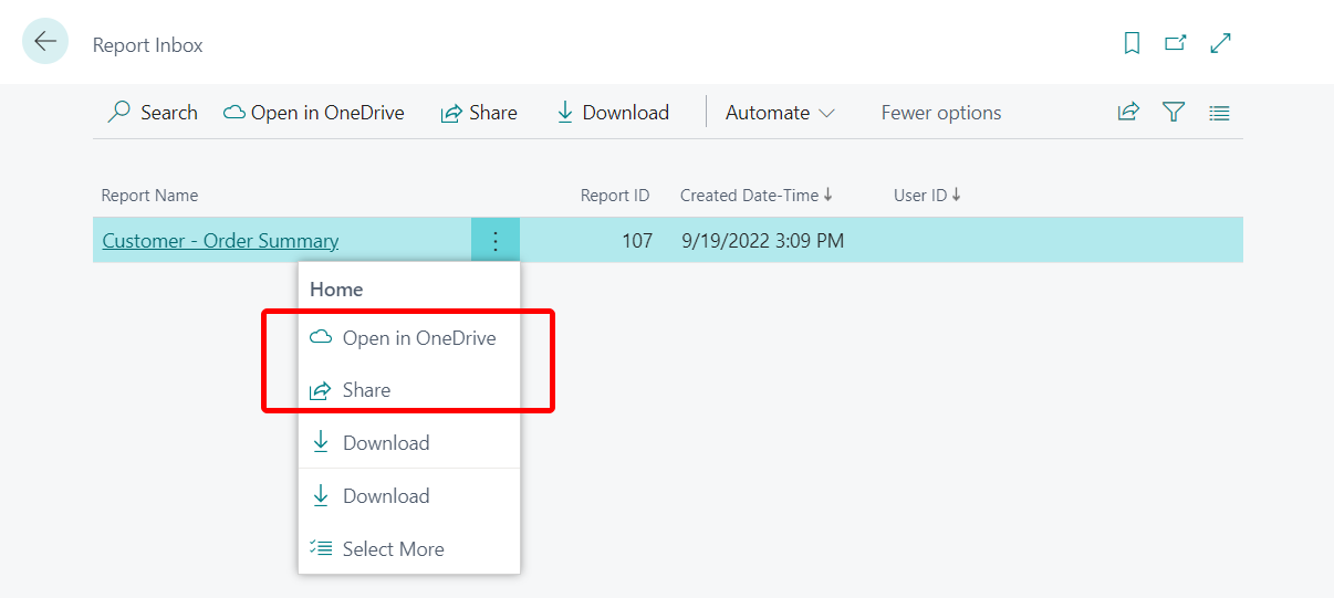 Die Aktionen „In OneDrive öffnen“ und „Freigeben“ für Berichte