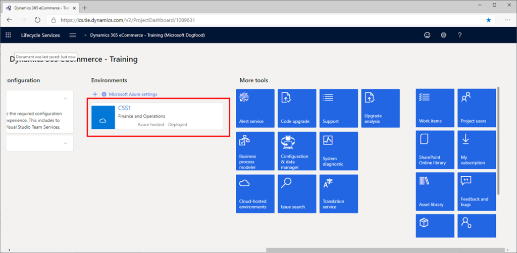 Selecting an environment in the LCS project dashboard.