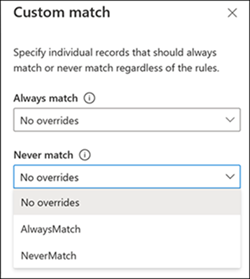 Screenshot des Dialogfelds zum Auswählen von Überschreibungen für ein benutzerdefiniertes Übereinstimmungsszenario.