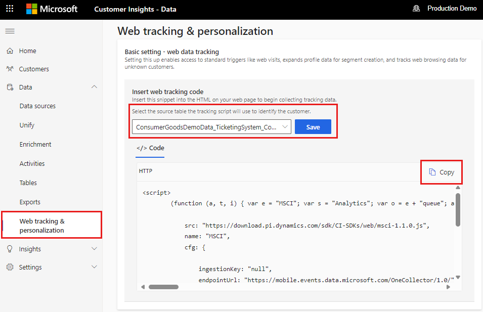 Screenshot von „Webnachverfolgung und Personalisierung“ in Customer Insights - Data.