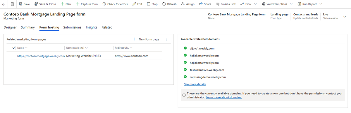 Die Registerkarte für das Formularhosting.