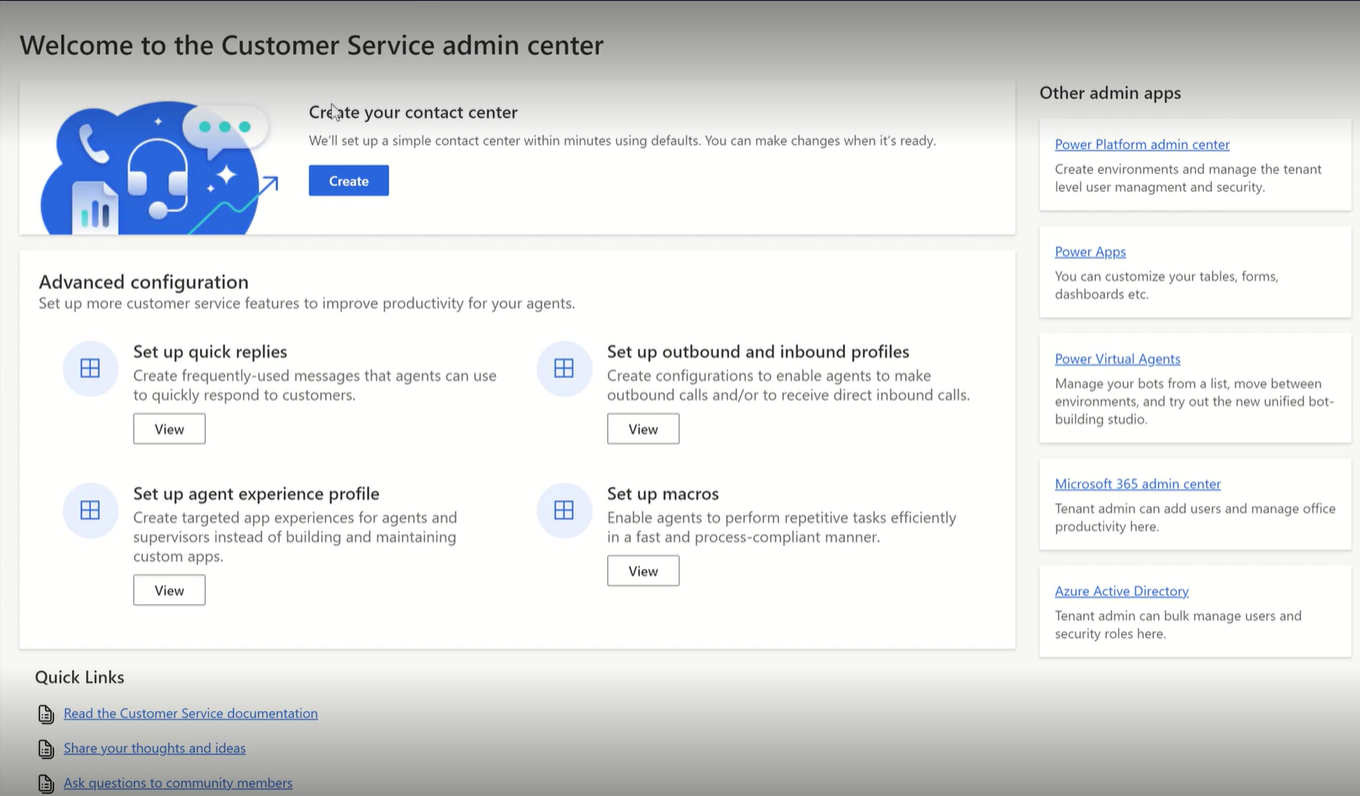 Verwenden Sie „Kontaktcenter erstellen“, um mit einem Klick ein Kontaktcenter einzurichten.