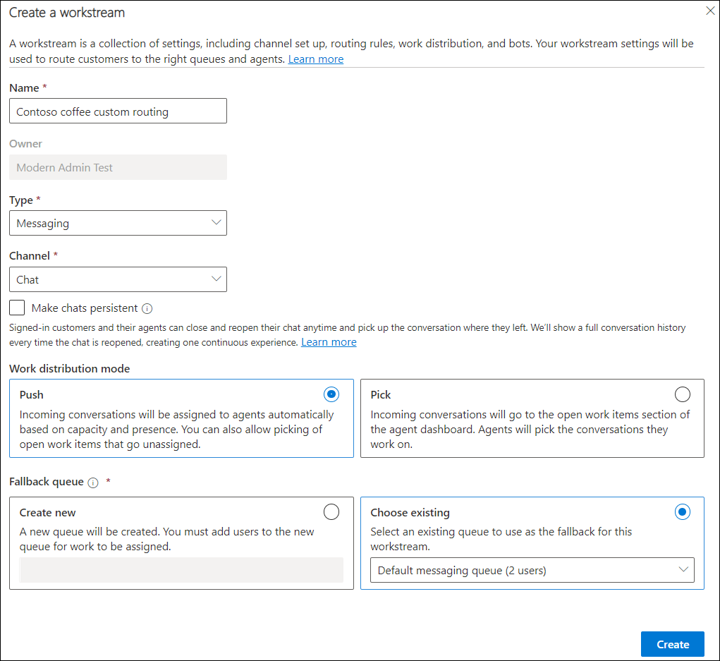 Einstellungen zum Erstellen von Workstreams für den Live-Chat.