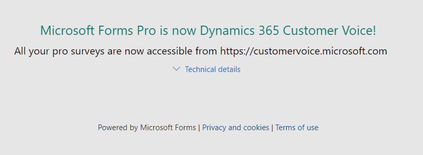 Nachricht über Forms Pro-Umfragen, auf die über Dynamics 365 Customer Voice zugegriffen werden kann